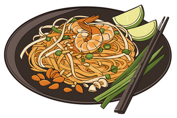 luxury realistic flat Pad Thai illustration, glossy noodles, shrimp and peanuts with natural tones, balanced flat lighting and realistic detail, premium Thai cuisine artwork
