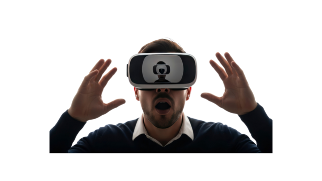 Man experiencing virtual reality wearing VR headset - Powered by Adobe