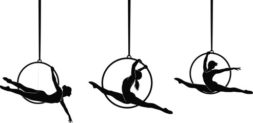 Aerial hoop performers silhouette, acrobatic poses, black vector, circus art, aerial dance, flexibility display, minimal design, white background © Mst