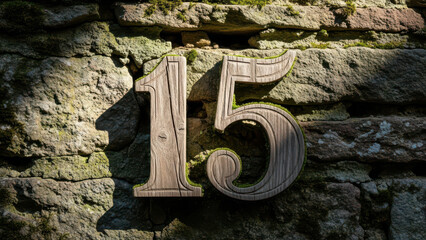 Wooden number fifteen on mossy stone wall number 15 mossy wall rock wall