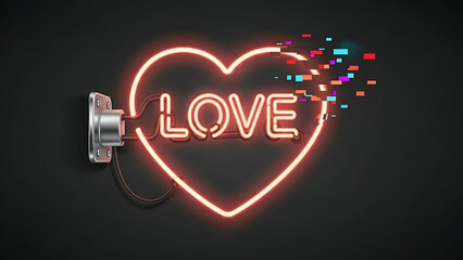 Vintage Neon Sign Heart Vector with a Digital Glitch Effect Disrupting the Glow on a Matte Black Background for Modern Love