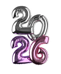 Naklejka premium 2026 Party Balloons 3D Render - Silver, Purple, and Pink Metallic Foil Typography Isolated on Transparent Background