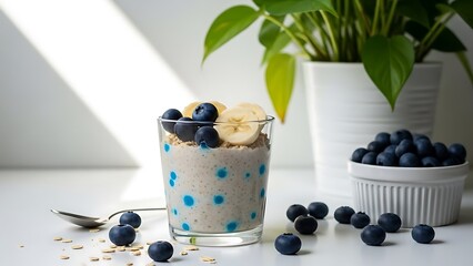 Healthy breakfast overnight oats with fresh blueberries and banana slices