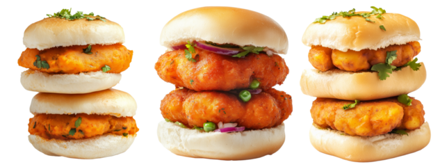 Crispy chicken sandwich Vada pav with red onions, herbs, and soft bun isolated on white background, concept of fast food
