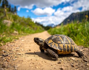 Obraz premium Tortoise on a sandy path in a sunny, scenic mountain landscape, featuring lush greenery and a bright blue sky