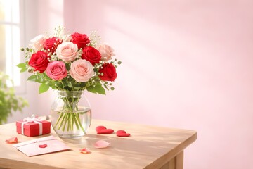 Romantic pink rose bouquet with gift box on wooden table in soft daylight