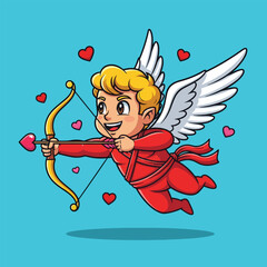 Naklejka premium Adorable cartoon Cupid character with golden hair, white wings, holding a bow and heart-tipped arrow, flying.