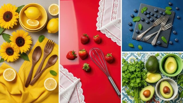Vibrant flat lay composition with fresh fruits, utensils, and flowers on colorful backgrounds, perfect for culinary and lifestyle themes - Powered by Adobe