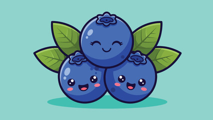 Cute cartoon blueberries with happy faces and green leaves stacked together.