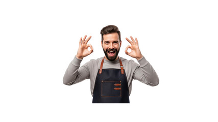 Man in apron gesturing OK sign