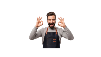 Man in apron gesturing OK sign