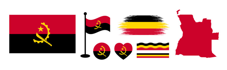 Angola National Flag design Elements Collection set. Includes Angola Official Flag, Map Silhouette, Waving Flag, Heart and Circle Icons, and Artistic Brush Stroke Designs.