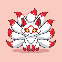 Obraz premium Cute cartoon nine-tailed white Kitsune fox with red markings and yellow eyes.