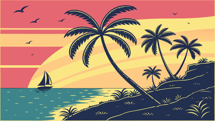 Obraz premium Tropical Sunset with Palm Trees and Sailboat on Calm Ocean Waters