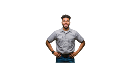Smiling repairman with hands on hips