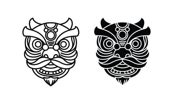 Traditional japanese shisa dog lion mask outline and solid designs