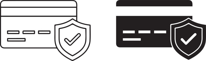 Outline and filled icons of a credit card with a shield and checkmark debit card payment