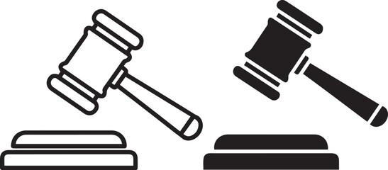 Outline and solid black icons of a gavel and sounding block judge legal