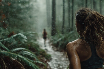 Mindful Running: Back View of Athlete on Misty Forest Trail Surrounded by Ferns and Mossy Pines
