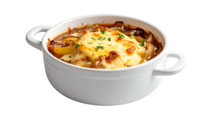 A white bowl of French onion soup, with melted cheese crust and visible broth ingredients
