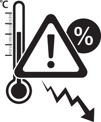 Warning sign with thermometer and falling percentage graph alert danger
