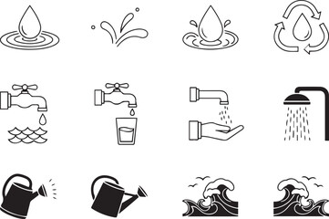 Water Conservation And Usage Icons Set With Drops Faucets And Waves droplet splash