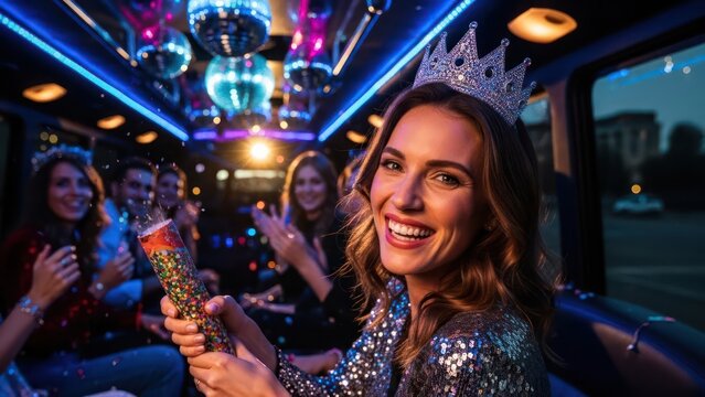 Glamorous woman celebrating in a party bus with friends and confetti raining down