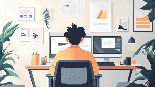 A professional graphic designer at their desk, working on a computer. Includes a photo and a flat design illustration. Represents creative jobs, digital art, freelancing, and modern office work. - Powered by Adobe
