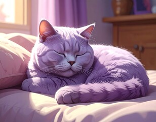 Lilac-toned feline snoozes peacefully on a sunlit, pastel bed