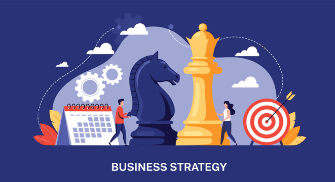 Business strategy concept with people moving large chess pieces, a calendar, and a target, symbolizing planning and goal achievement.
