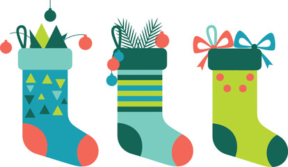 Festive vector illustration of three christmas socks decorated with bows and baubles