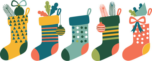 Vector illustration of an abstract holiday background featuring colorful pencils and leaves arranged as festive Christmas stockings with winter ornaments and seasonal decorations 