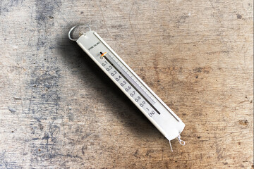 A silver spring scale marked in Newton units placed on the table.