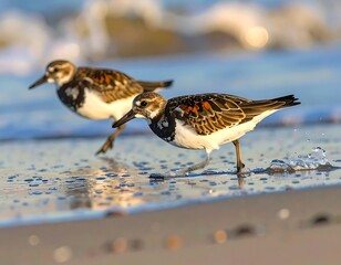 Two sandpipers scurry across the wet sand as a wave washes in behind them in soft morning light