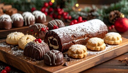 Assorted festive desserts on a wood platter, surrounded by holiday greenery