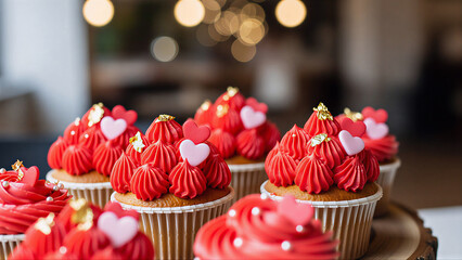 A close-up shot of gourmet Valentine's Day cupcakes featuring elegant red buttercream swirls. Decorated with delicate pink and red fondant hearts, silver pearls, and luxury edible gold leaf. Set again