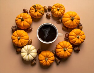 Overhead shot of a coffee cup inside a pumpkin and acorn wreath on a tan backdrop
