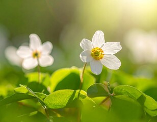 Obraz premium Two white, five-petaled flowers amid bright green foliage under a burst of sunlight