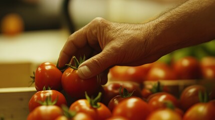 Close-up of a shopper's hand carefully selecting a fresh, ripe, organic tomato at a grocery store or farmer's market. Concept of healthy eating, quality produce, and food shopping.