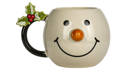 Smiling snowman face ceramic mug isolated on white background
