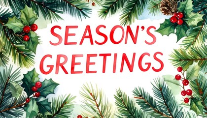 Watercolor "Season's Greetings" message framed by festive greenery & red berries