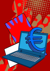 Cartoon Laptop, comic book Notebook with Euro Sign. Retro vector comics pop art design.