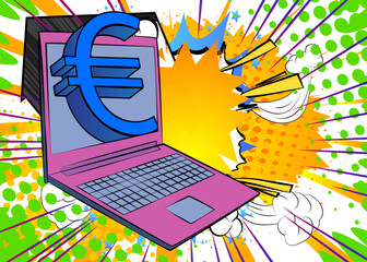 Cartoon Laptop, comic book Notebook with Euro Sign. Retro vector comics pop art design.
