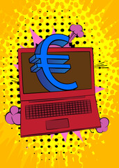 Cartoon Laptop, comic book Notebook with Euro Sign. Retro vector comics pop art design.
