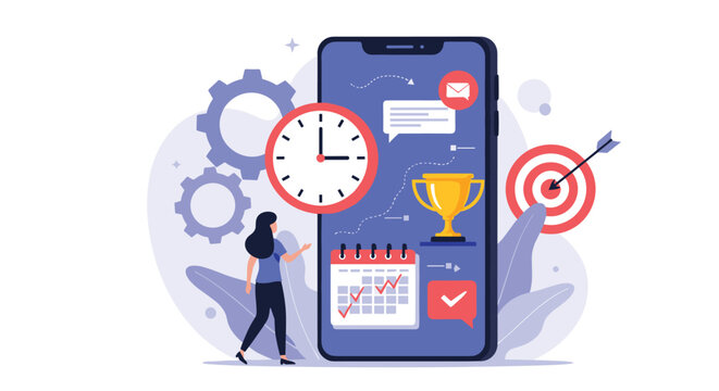 Time management and productivity concept with a woman organizing tasks on a large smartphone screen with a calendar, clock, and goals.