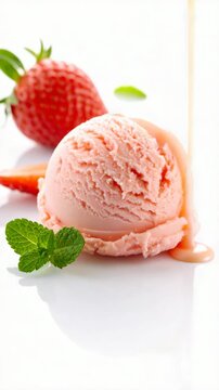 Delicious strawberry ice cream scoop with strawberry and mint leaves is served with cream sauce on white table
