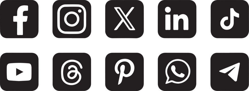 social media black square icons threads pinterest whatsapp telegram set