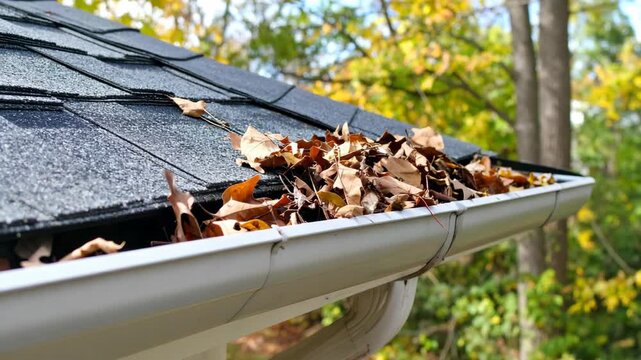 Clogged white rain gutter is filled with dry autumn leaves attached to a gray shingle roof. Seasonal home maintenance is required.