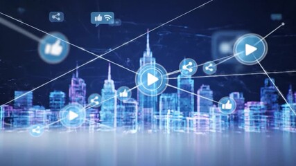Vibrant blue city skyline with network lines connecting digital communication icons - Powered by Adobe