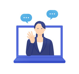 Web窓口で相談対応するカスタマーサポート。PC画面越しに案内・説明するオンライン接客の女性。